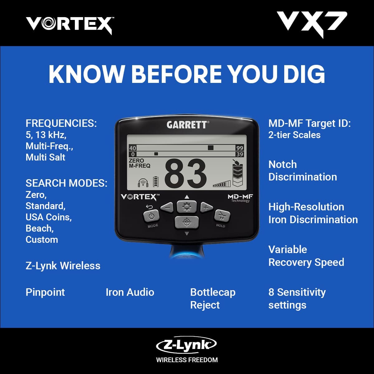 Aksaray Garrett Vortex VX7 Dedektör - VX7 hedef ID ekranı, iki katmanlı MD-MF okuma ile demir ve iletken hedefleri ayırmaya yardım eder.
